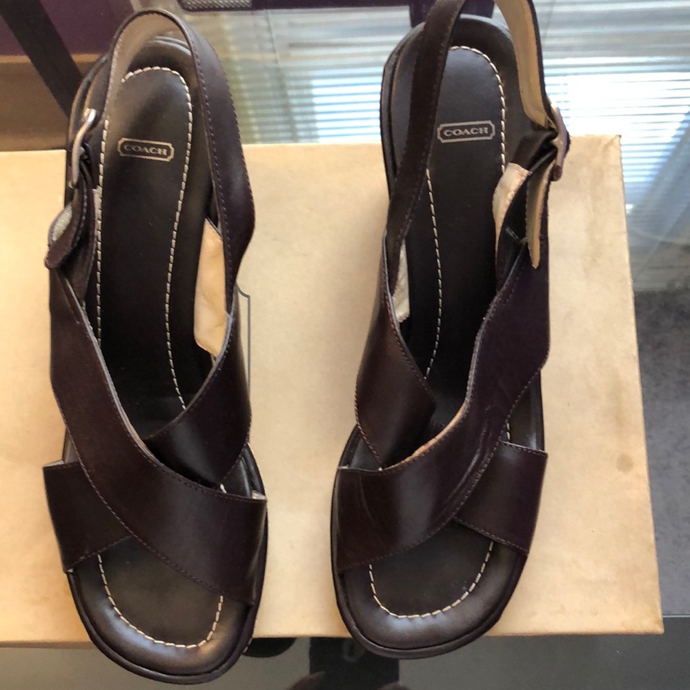 Coach Brown Leather Crisscross Wedge Sandals
